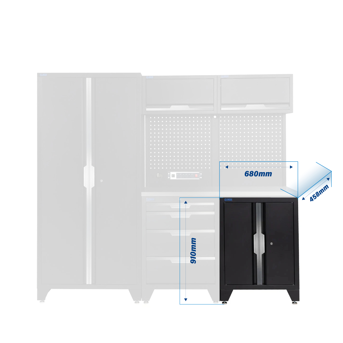SGS 7pc Modular Garage Storage | 4 Drawers | Stainless Steel Worktop | Floor Cabinet | 2x Upper Cabinets | Tall Double Cabinet | Pegboard with Power Strip